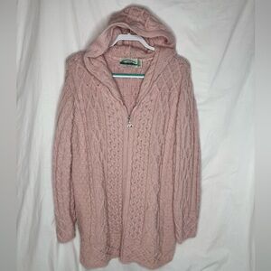 Aran Crafts women’s hooded cable knit sweater sizeL Merino wool pockets full zip